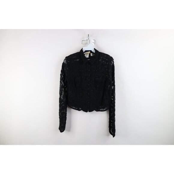 Vintage 90s Cache Womens Large Beaded Sheer Lace Button Cardigan Sweater Black - Picture 1 of 14